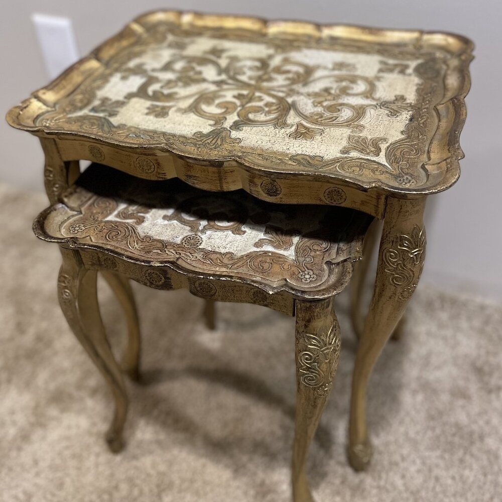 Set Italian Florentine Hollywood Regency Glam Gold Nesting Side Tables Vtg MCM